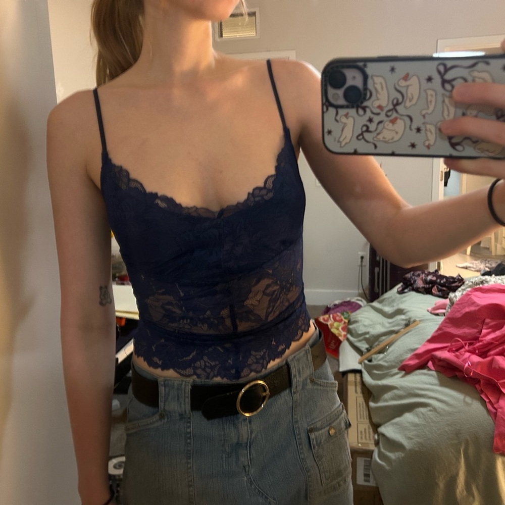 Free People Blue Lace Crop Camisole
